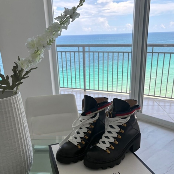 Gucci Women's Black Lace-Up Boots with Gold Accents - Picture 3 of 6